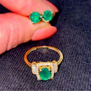 10k yellow gold emerald earrings and emerald ring with diamonds